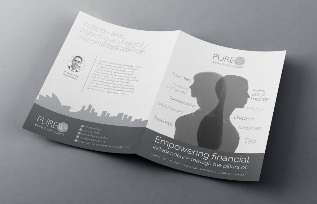 Monochrome bi-fold brochure for a financial company