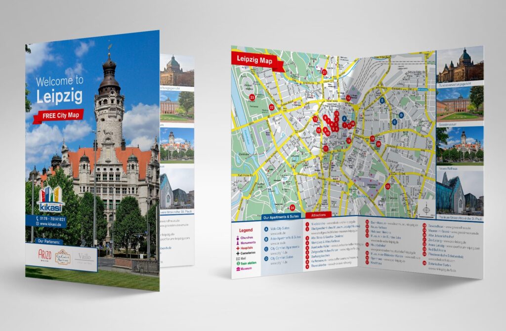 Leipzig tourism bi-fold brochure with a map of the city