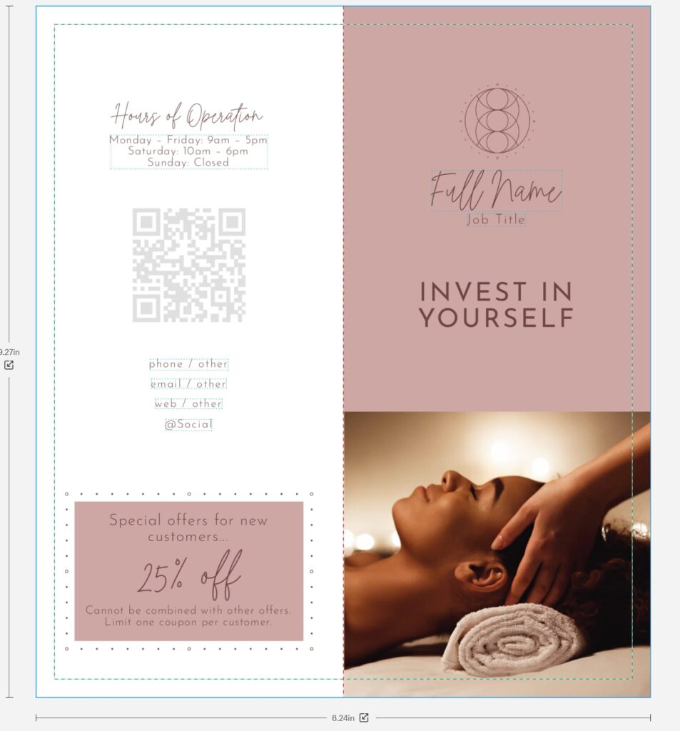 bi-fold brochure template for a spa business with a QR code