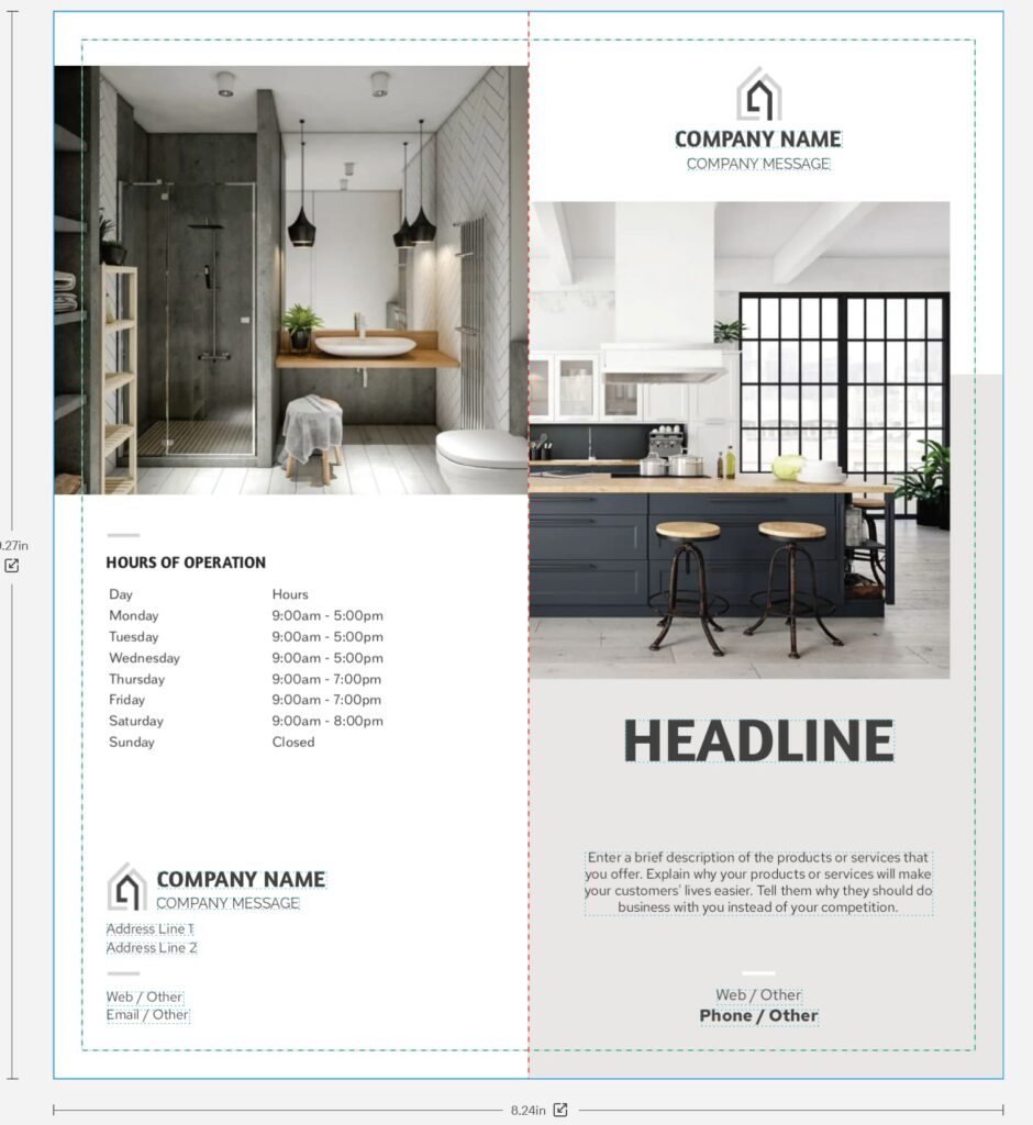 bi-fold brochure template with clear headlines and high-quality interior photography
