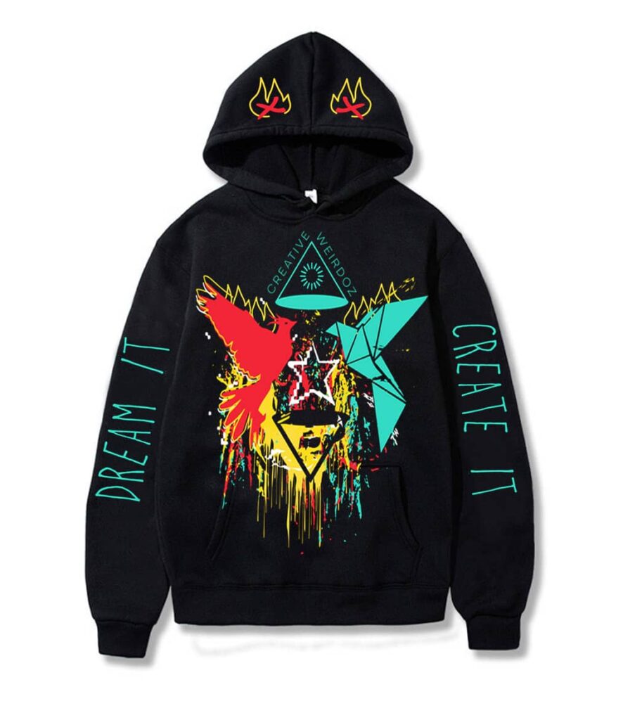 Hoodie design with a bold graphic and tagline on the sleeves