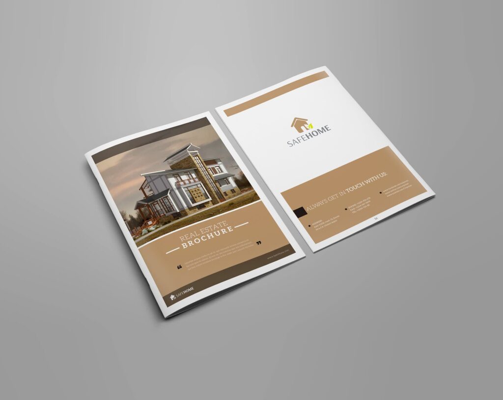 brown real estate bi-fold brochure design example with photography