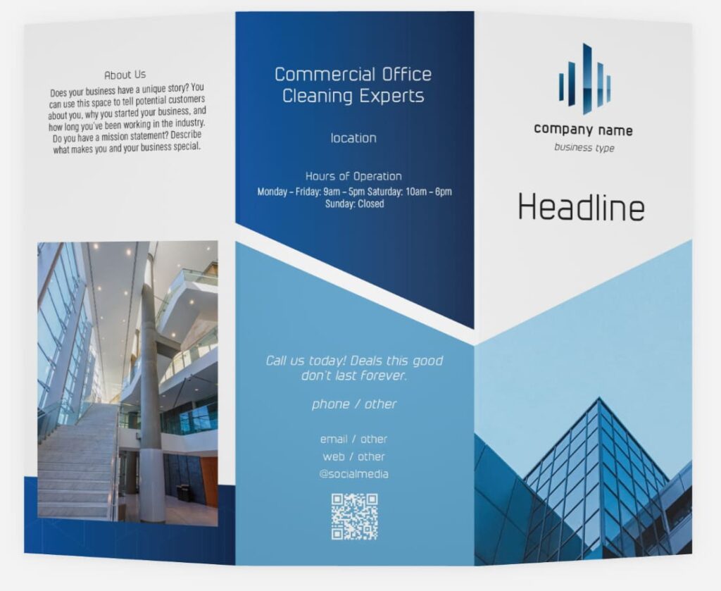 blue color scheme tri-fold brochure template for a commercial cleaning company