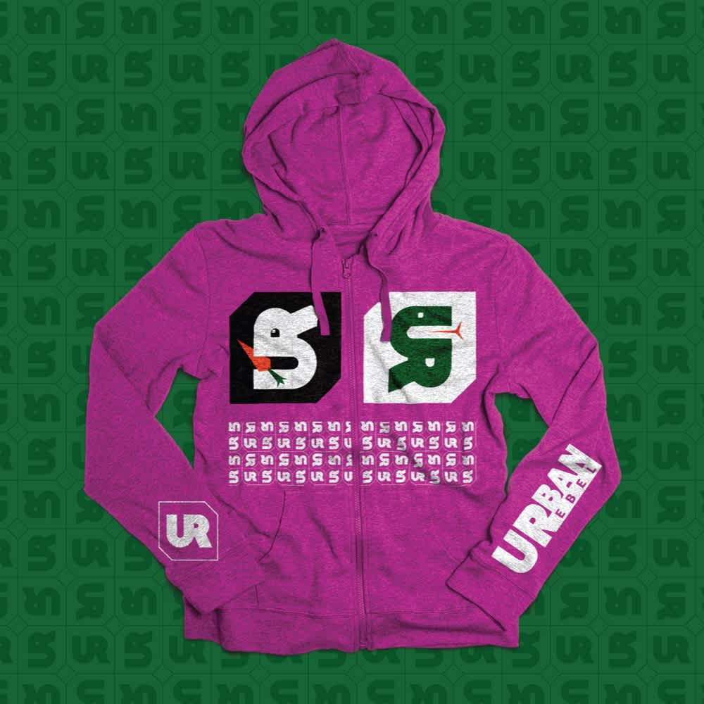 Pink hoodie with text on the sleeves and chest