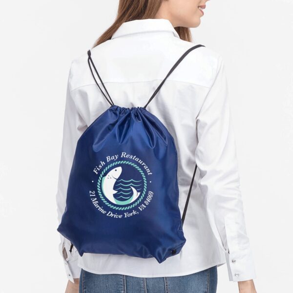 A branded drawstring backpack with the brand logo and location