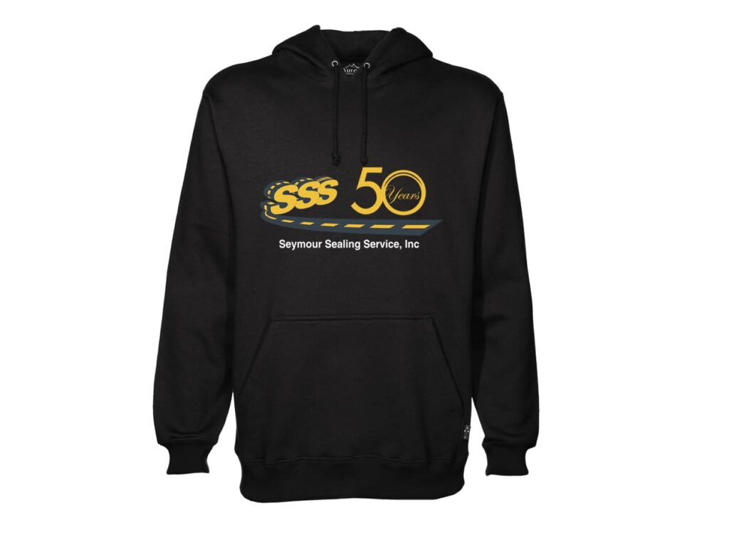 Pullover hoodie design with text celebrating a company milestone of fifty years