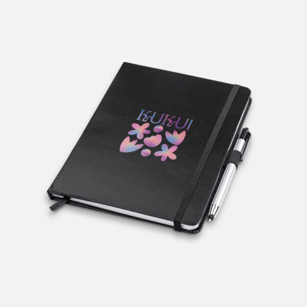 Branded hardcover journal paired with a sleek metal pen