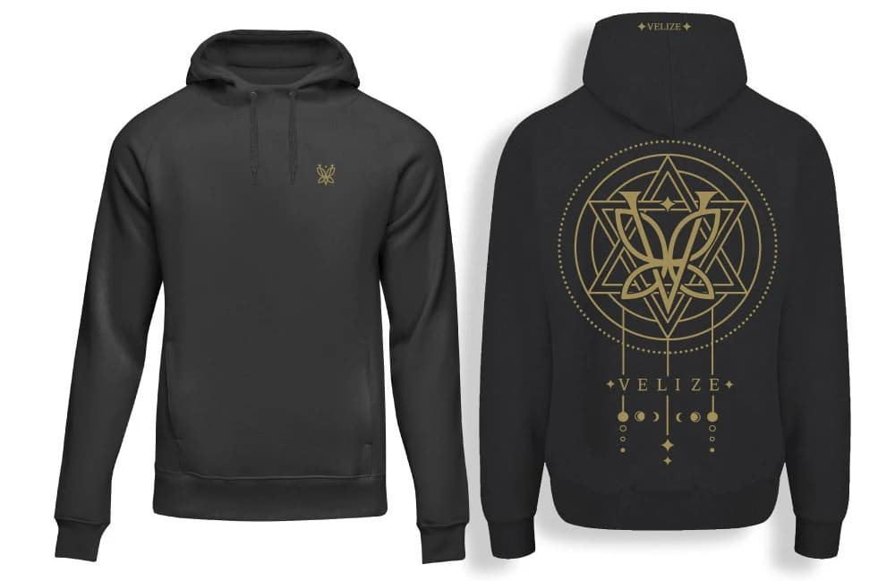 A branded hoodie with a large design printed on the back of the hoodie