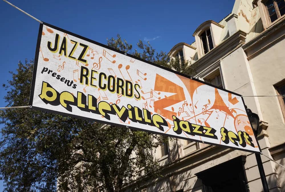 A large hanging banner for a community event