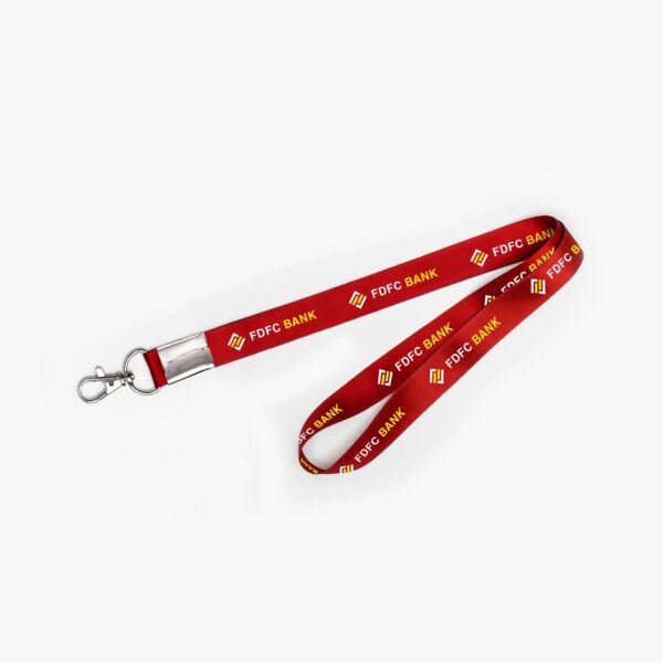 Branded lanyard that uses brand colors and features the brand&rsquo;s logo