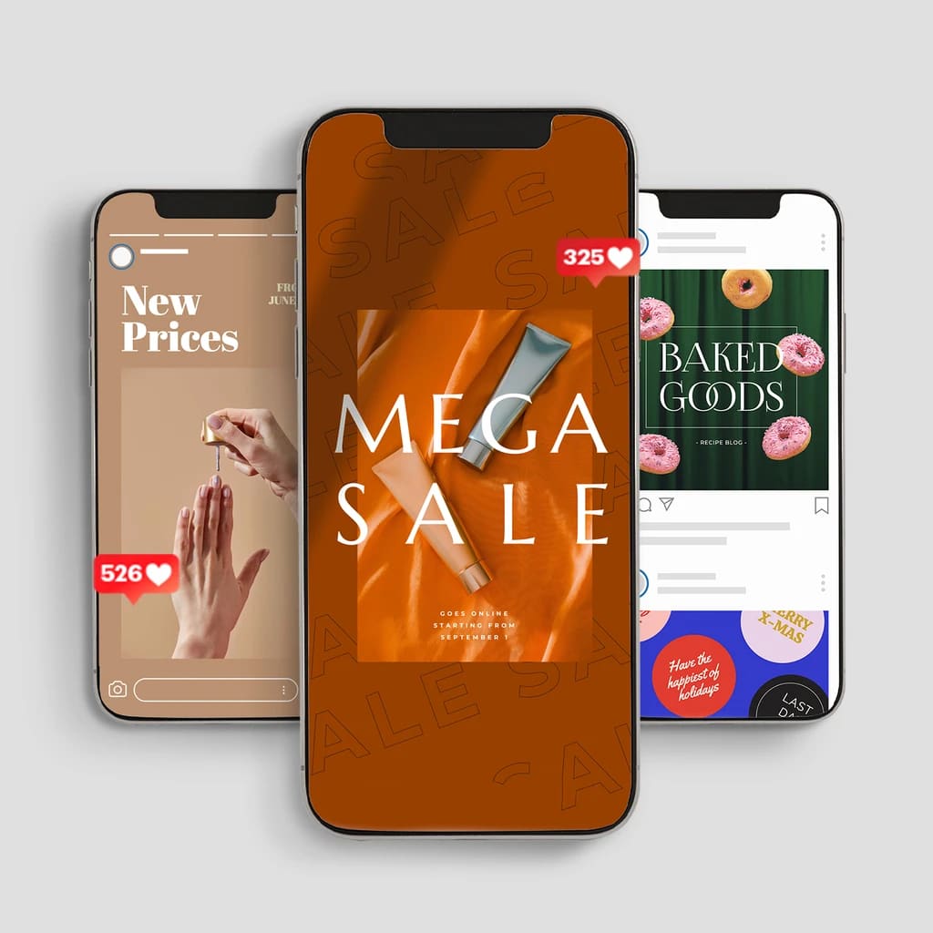 Mobile screens displaying social media ads and promotions, illustrating how to promote a clothing brand on social media with visual content and paid campaigns