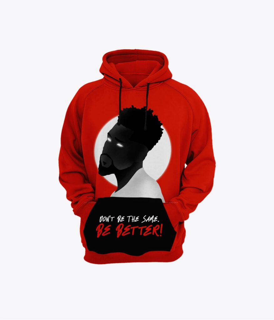 Red hoodie design with a face graphic and company slogan on the pocket