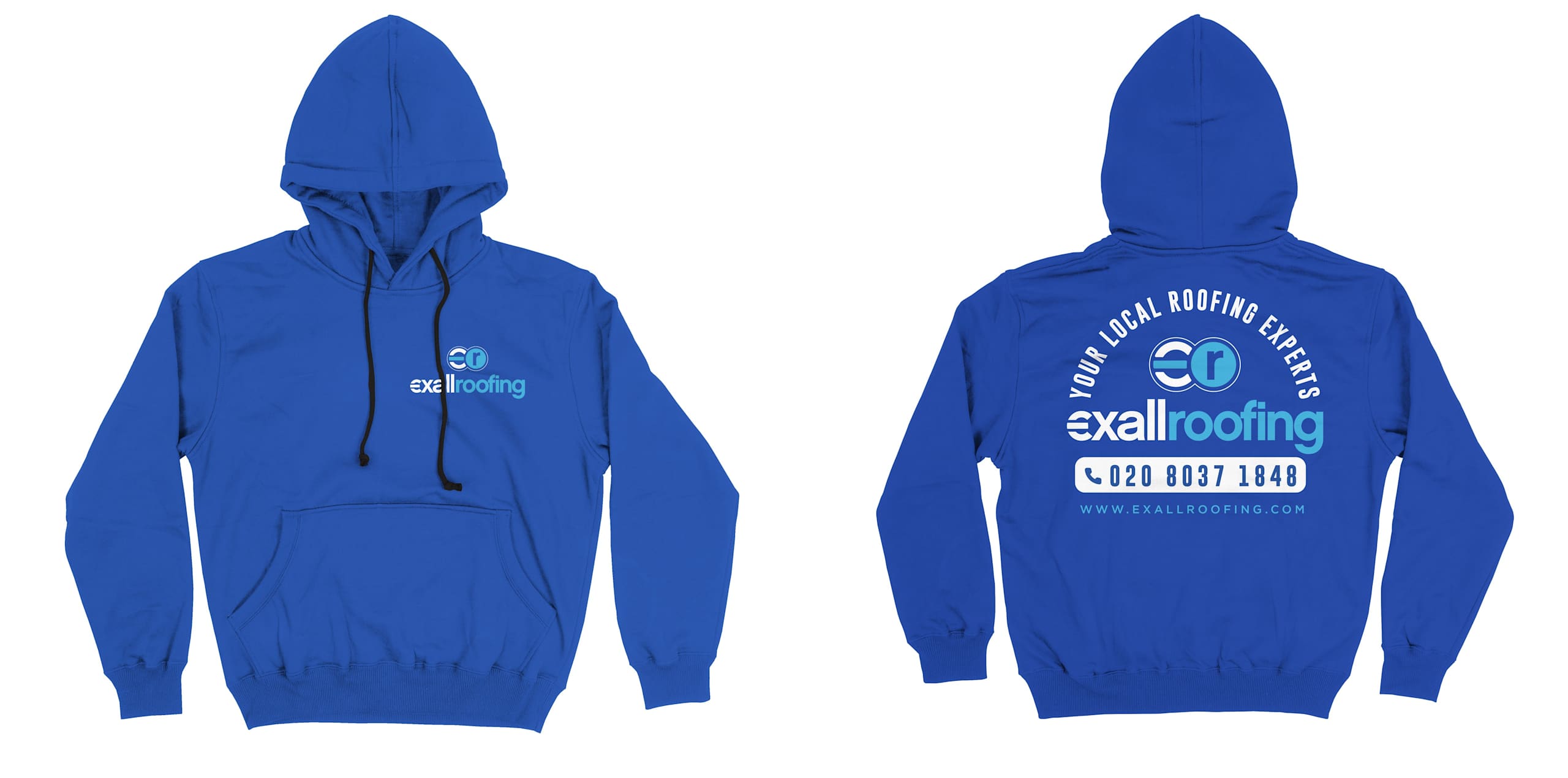 Pullover hoodie design with a small logo on the front and contact details on the back