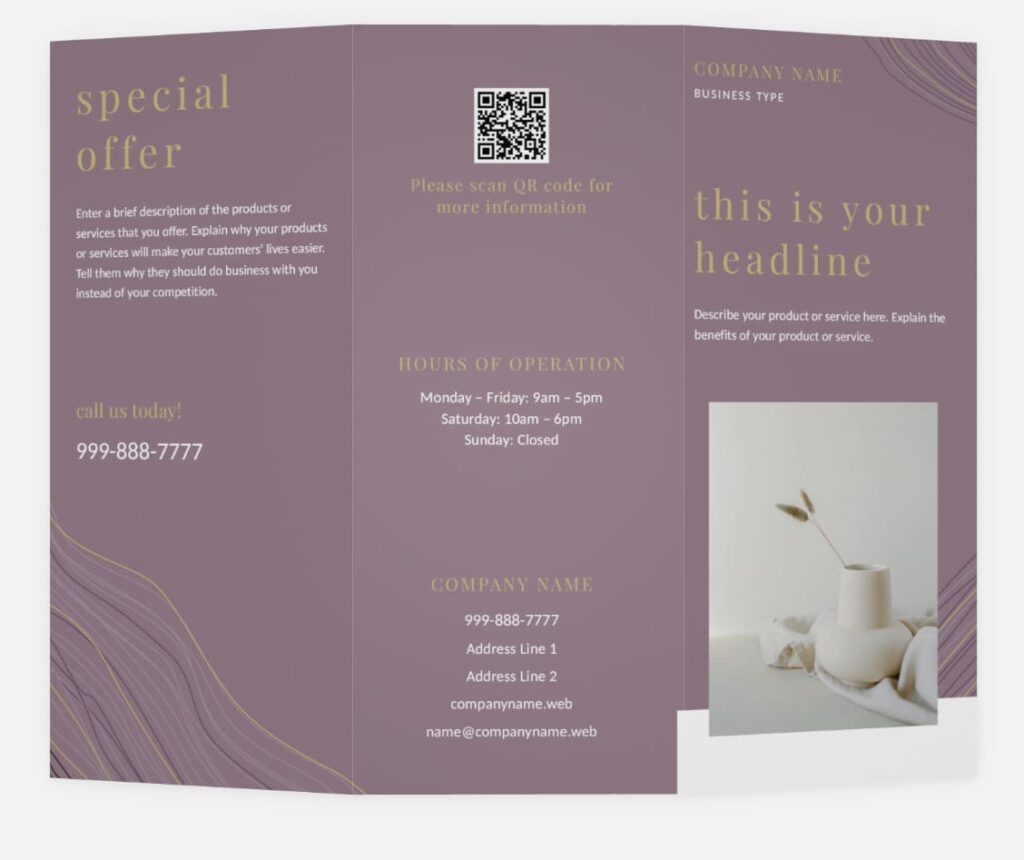 tri-fold brochure template with photography, a special offer and a QR code