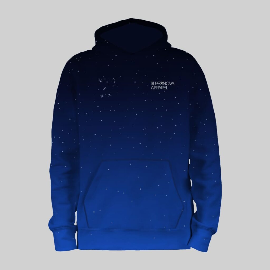 Blue hoodie with a starry sky all-over design