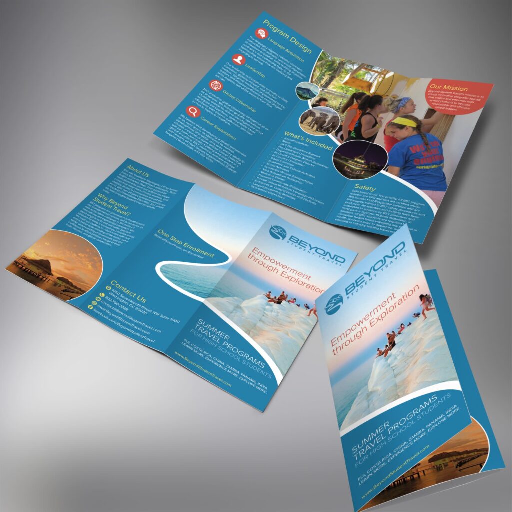 blue tri-fold brochure for summer travel programs