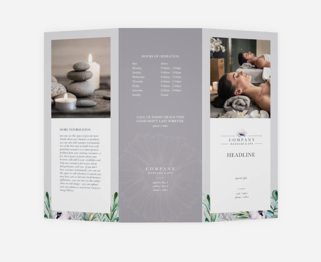 gray tri-fold brochure template for a spa business