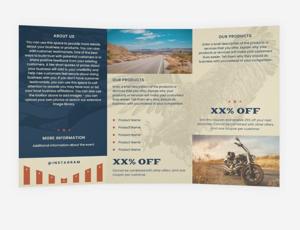 tri-fold brochure template with photographs of the open road and a motorbike