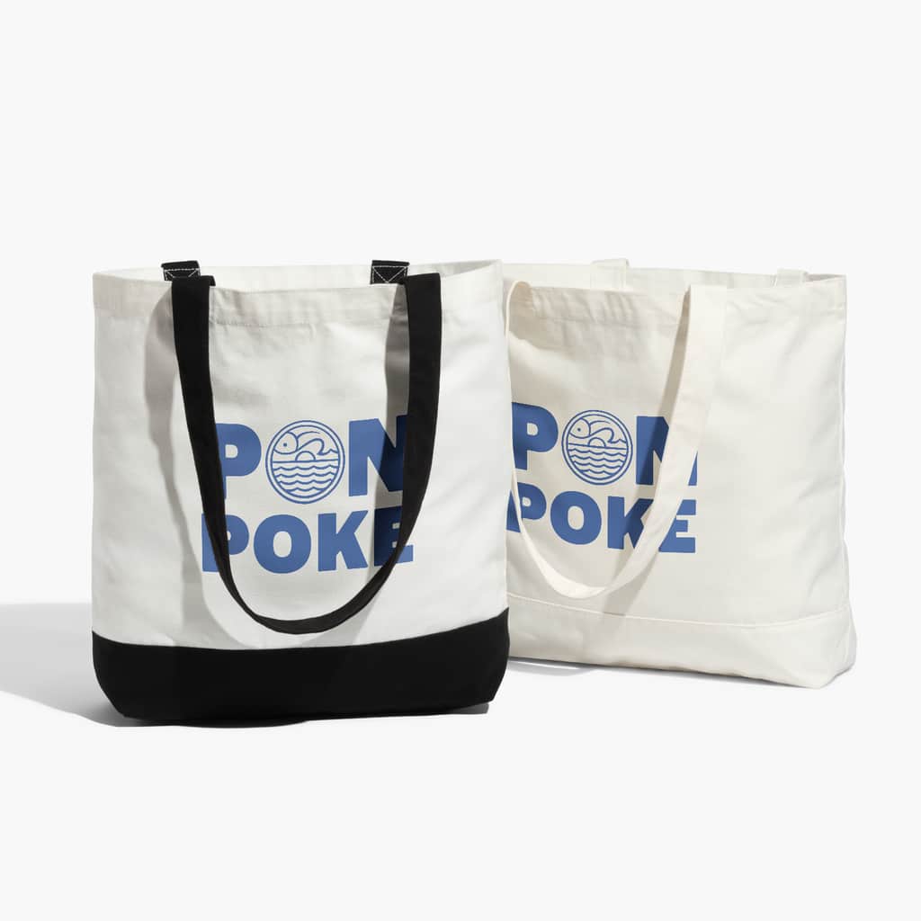 Two tote bags branded with a poke restaurant logo