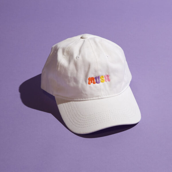 White branded baseball cap with the brand logo embroidered