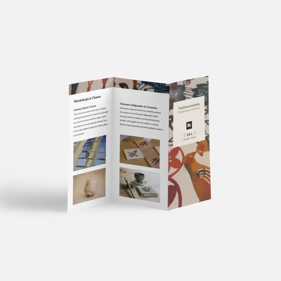 z-fold brochure design for a ceramics business, brochure examples