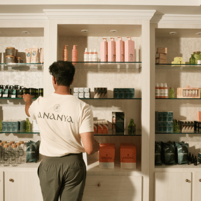 A man with his back to the camera puts products on the shelves of a cosmetics store with minimal branding.