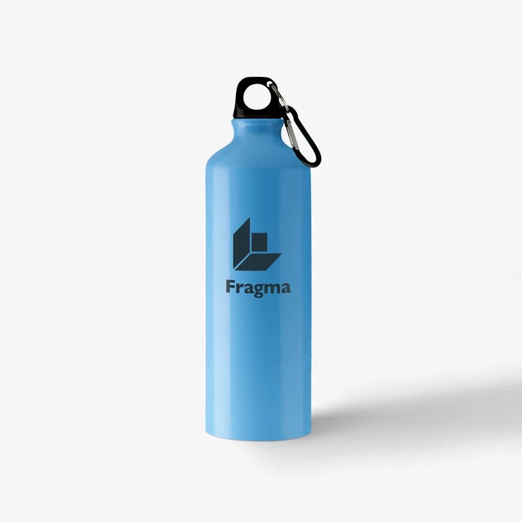 Branded blue metal water bottle with simple black logo