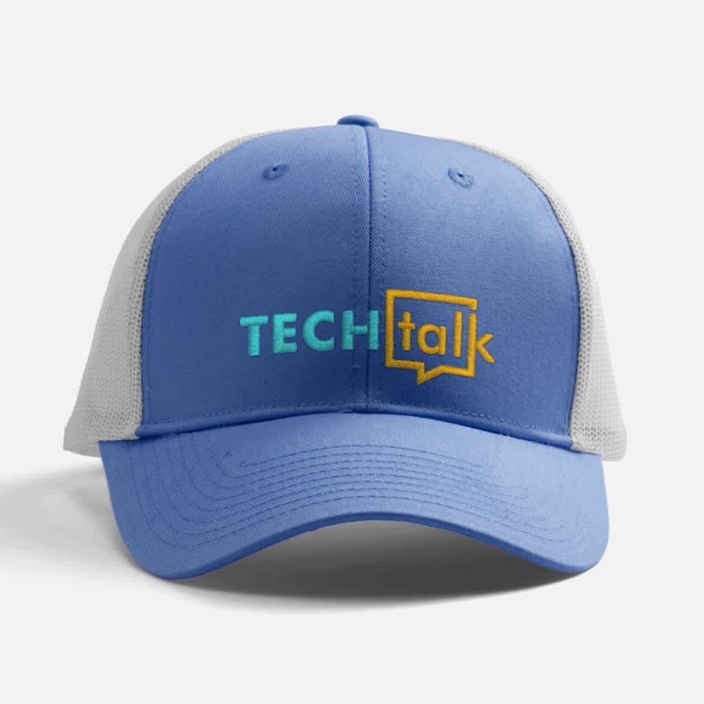 Branded blue trucker hat with blue and orange logo