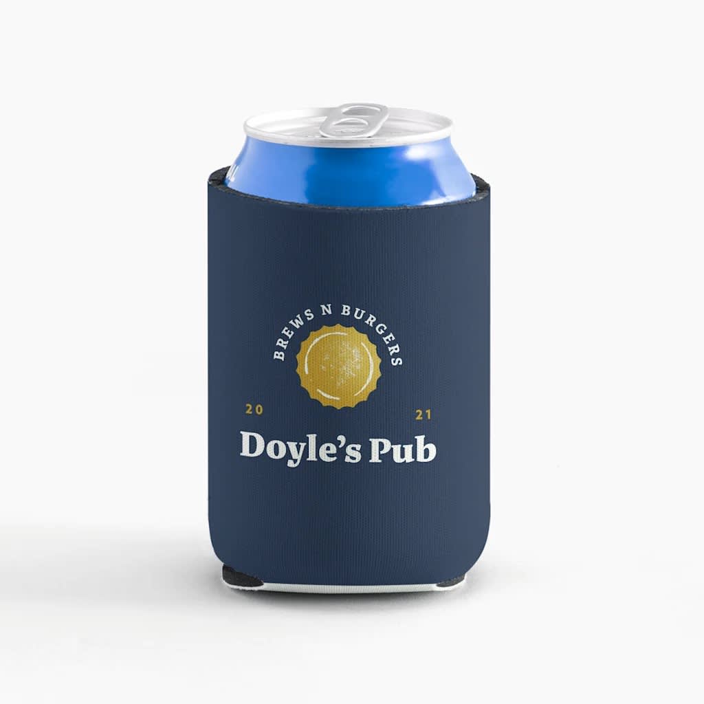 Branded navy blue custom koozie with simple logo and text