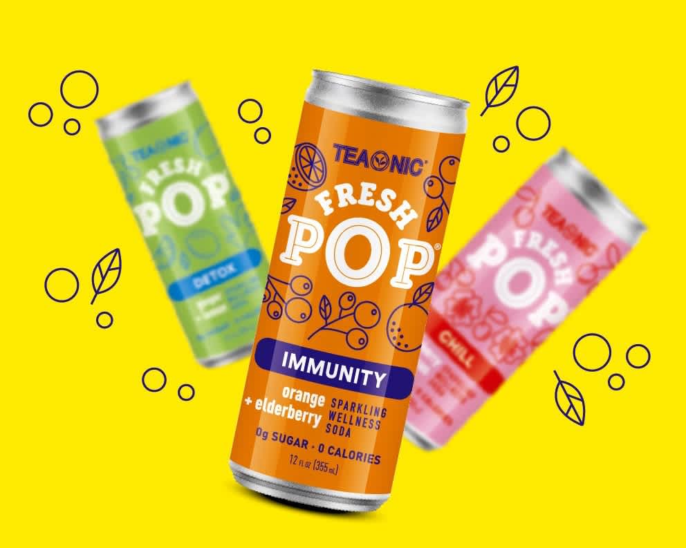 Three drinks can designs in green, orange and pink with bubble and fruit illustrations