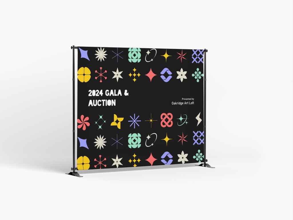Large black banner with multicolored shapes promoting a gala and auction