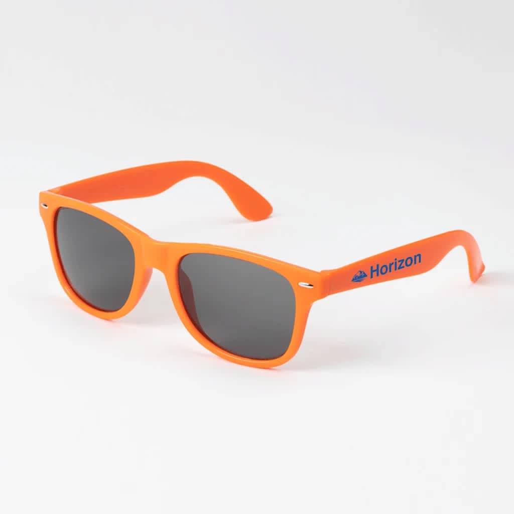 A pair of branded orange sunglasses