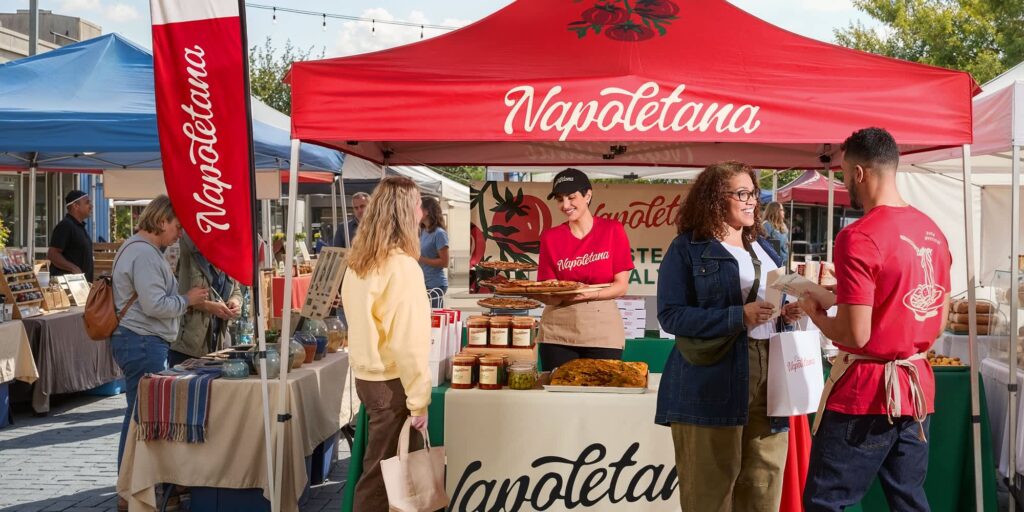 Small business event marketing booth at an outdoor market, with branded tent and feather flags, staff in uniform offering food samples and engaging attendees in a live promotional experience
