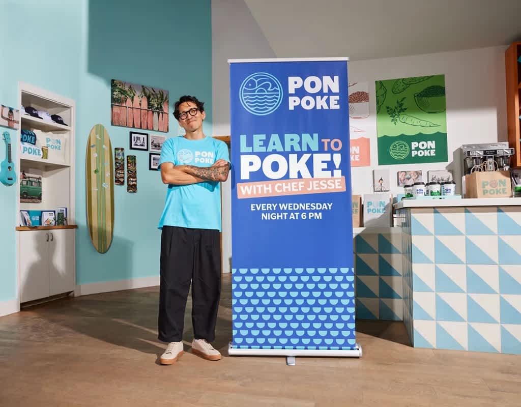 Small business event marketing example of a poke restaurant hosting a recurring workshop, with branded banner promoting a weekly &ldquo;Learn to Poke&rdquo; class to drive engagement and community building