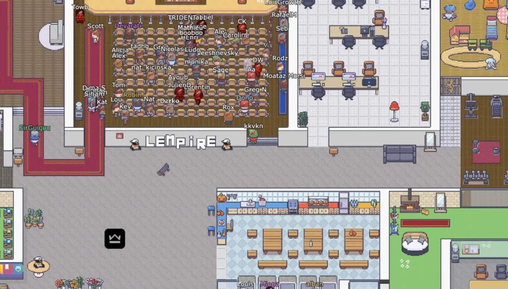 Virtual event marketing conference hosted by Lemlist&nbsp; &ndash; an online event space with attendee avatars interacting in sessions and rooms