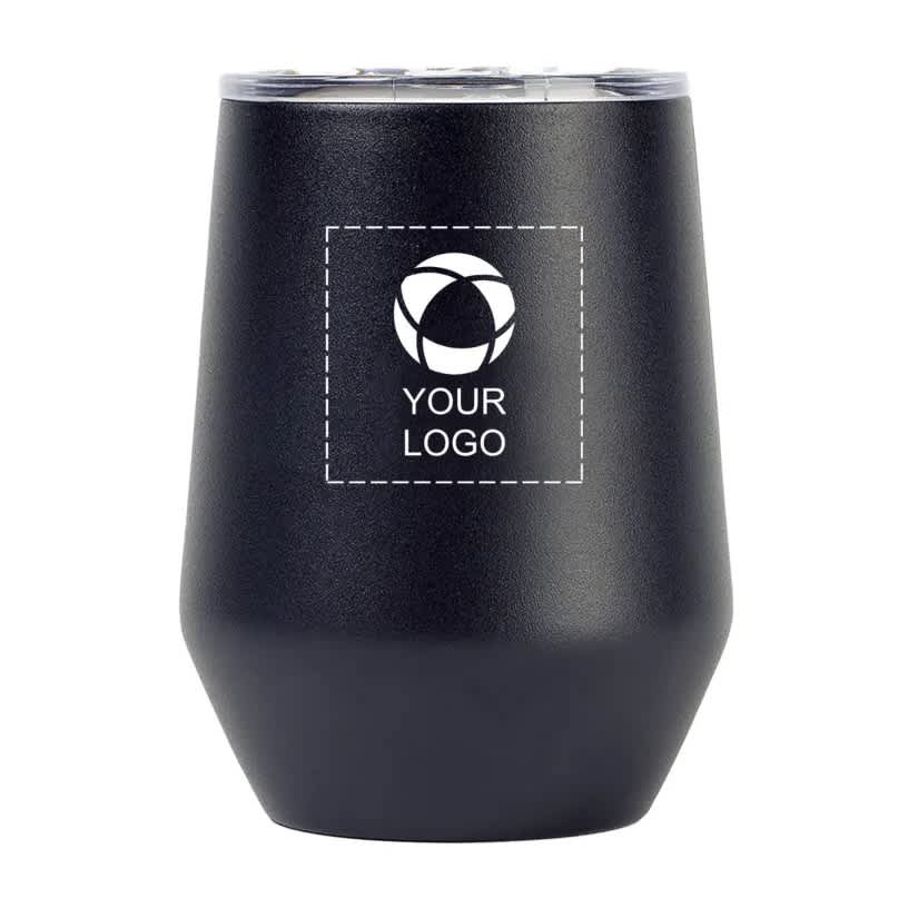 Black lid top wine tumbler with designated space for &ldquo;your logo&rdquo;]