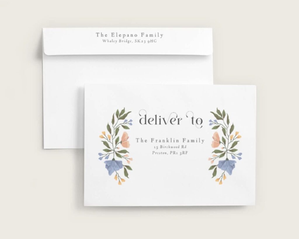 Marquee envelopes with a floral design addresses to The Franklin Family