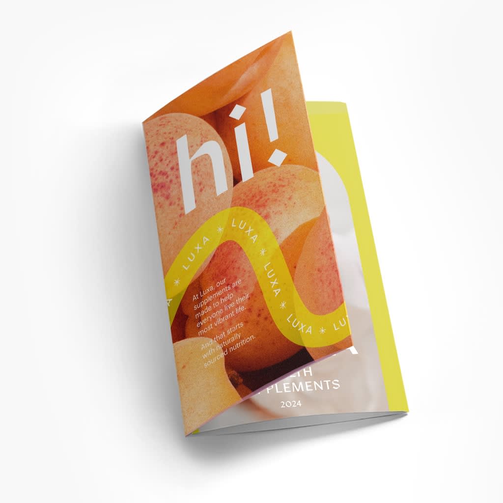 Orange colored introductory brochure with close up peach photo design, yellow swirling graphics and white font.