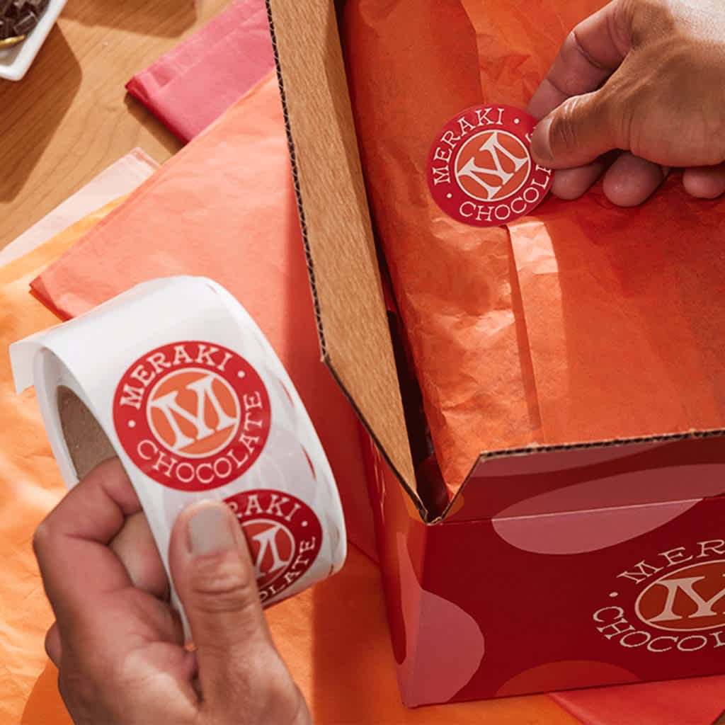 Packaging box with stickers.