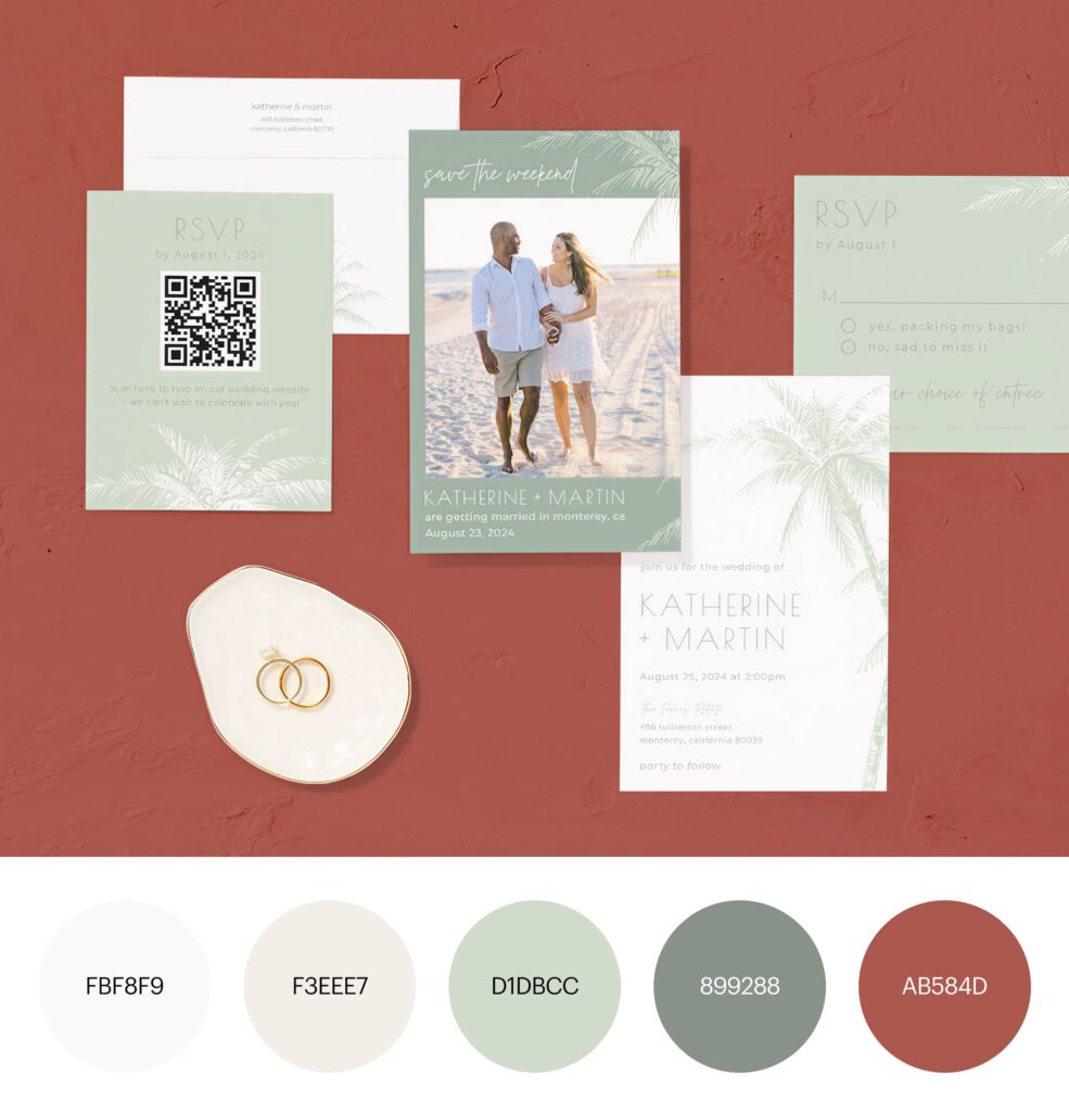 A set of wedding stationery including a save the date, RSVP card and wedding invitation for a destination wedding