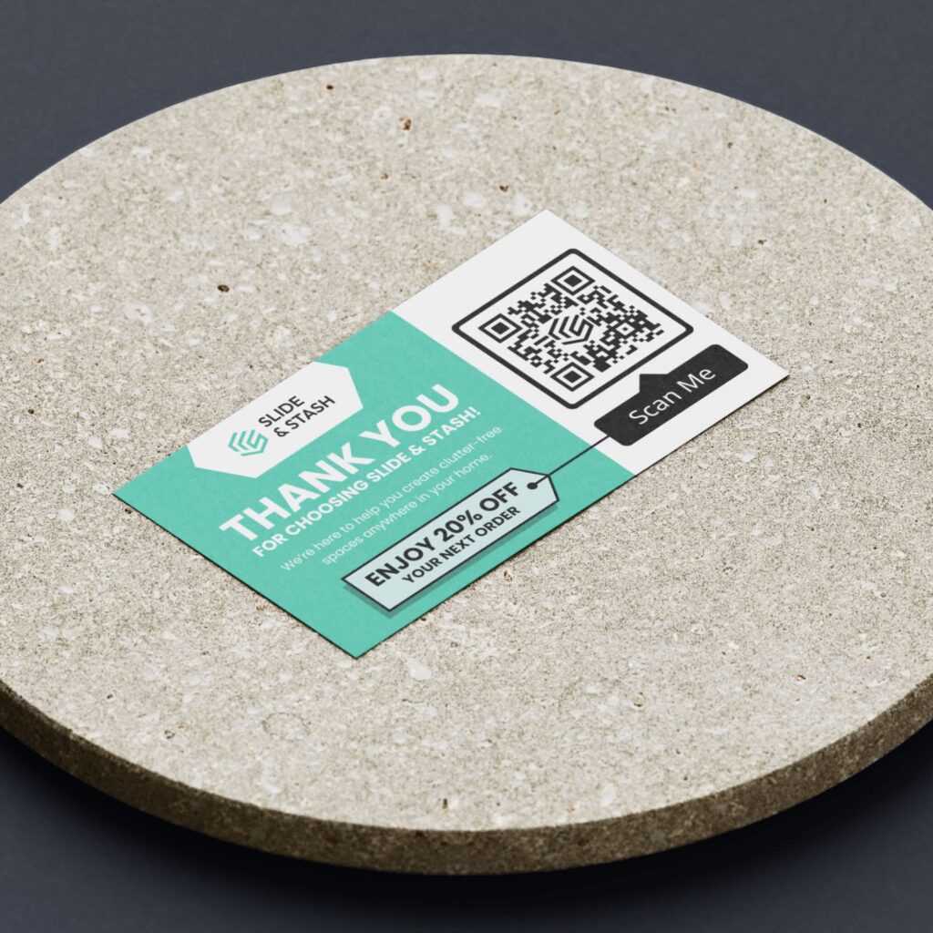 Sleek product insert card design for under-desk storage drawers.