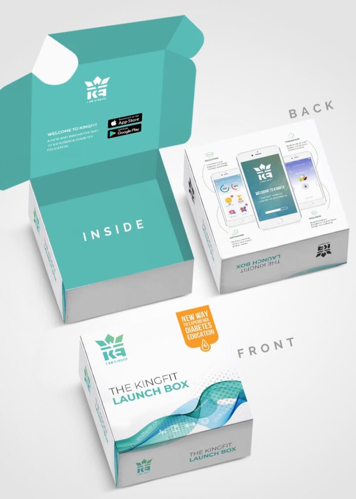 Three stages of a product box, inside, back, and front.
