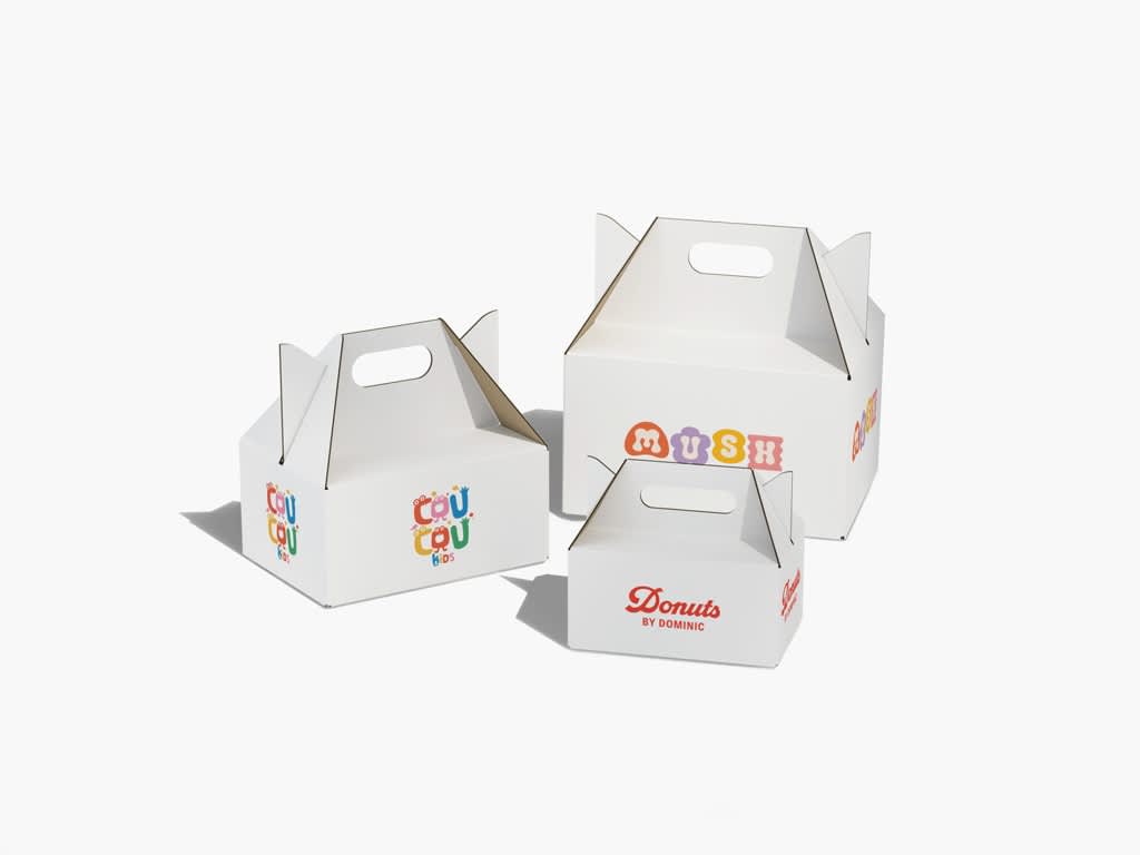 Three white cardboard box designs in different sizes with a bright brand logo and handles for easy carrying.