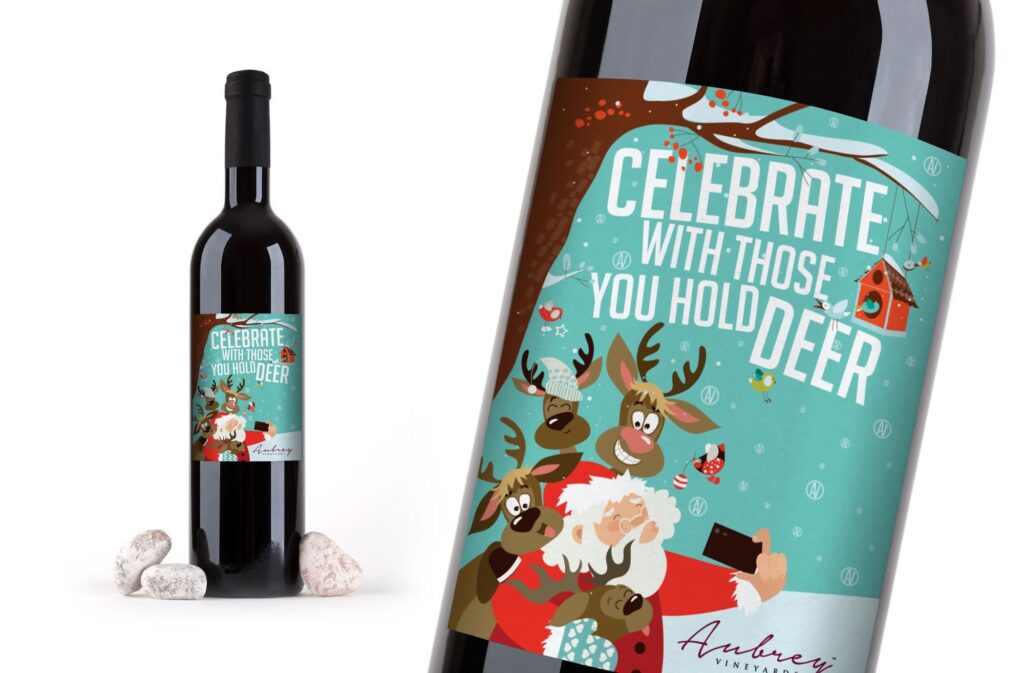 Wine bottle with a Christmas theme.