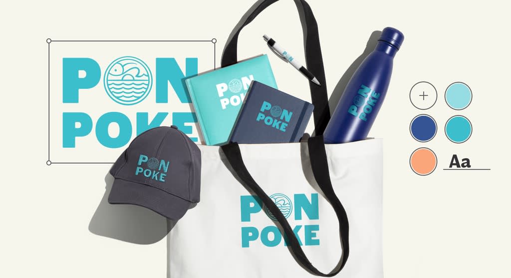A simple teal logo design printed on several products including tote bag, cap, pen, water bottle and note pad.