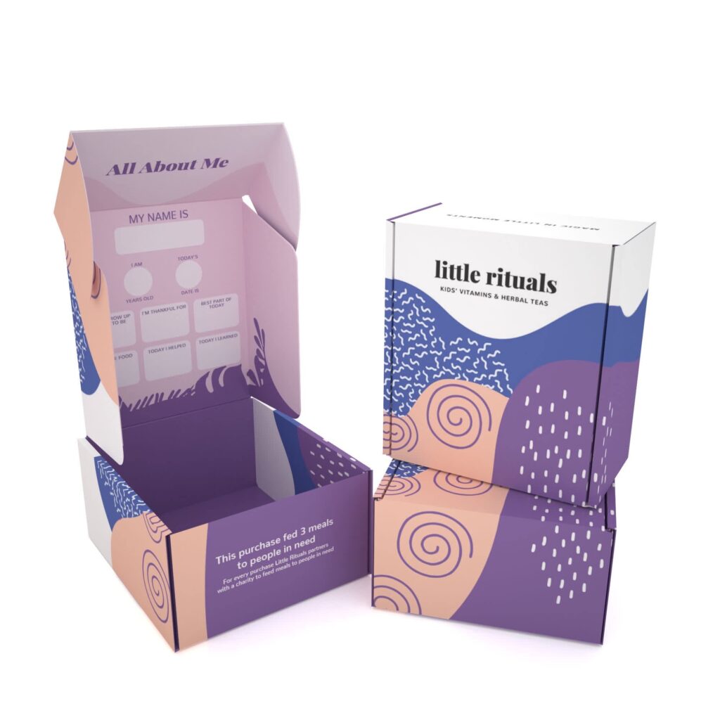 Branded corrugated cardboard boxes with an elevated unboxing experience element (All About Me) on the inside.