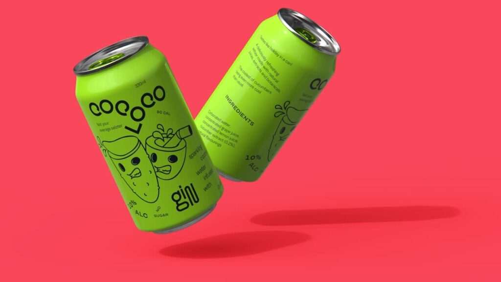 Bright green beverage cans with bold minimalist typography and playful illustration design on a vibrant pink background.
