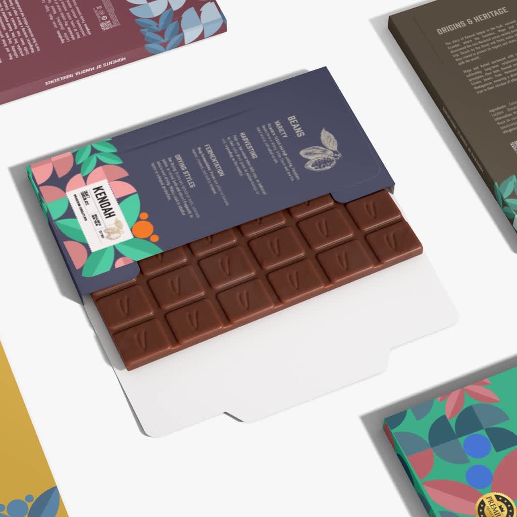 Cardboard chocolate packaging with product information on the sleeve.