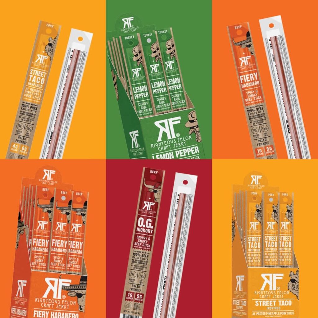 Colorful retail-ready packaging for jerky sticks featuring countertop display boxes.