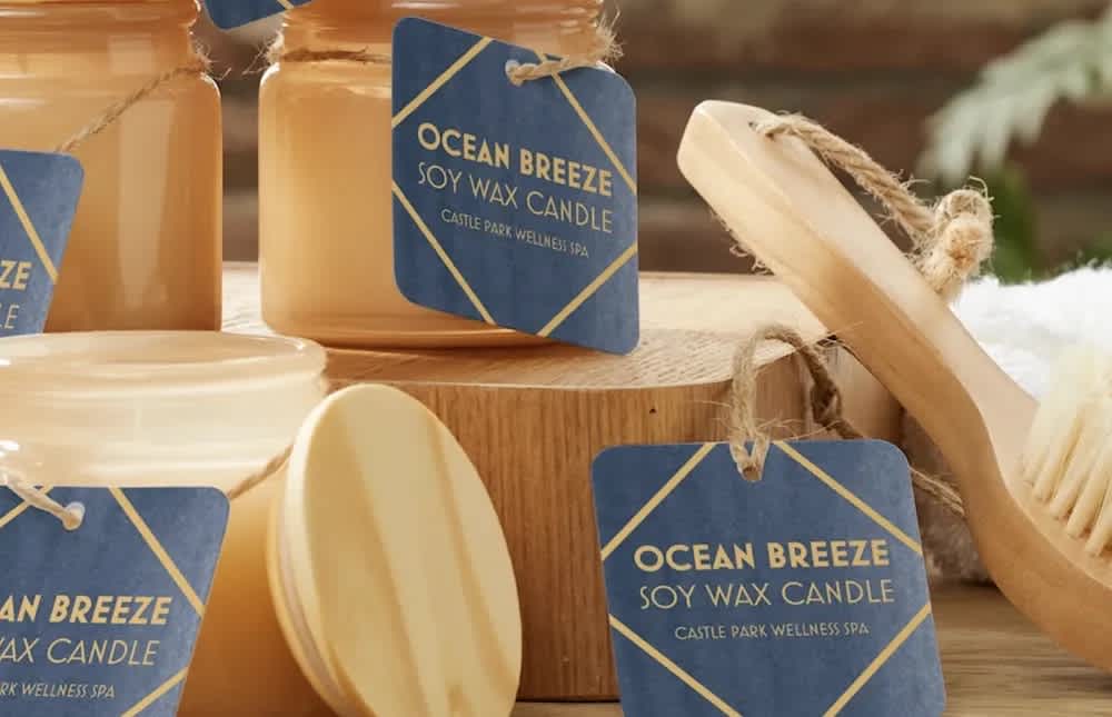 Eco-friendly glass jar candles with twine and cardboard tags.